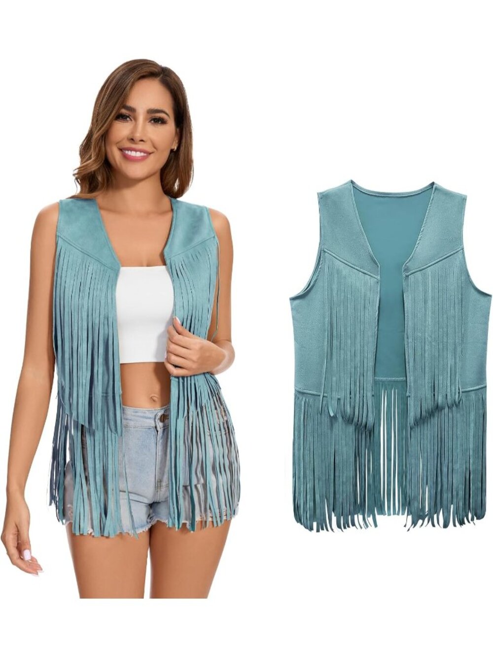 Women's Blue Fringe Vest 60s 70s Hippie Vest Sleeveless Cowgirl Western Jacket
